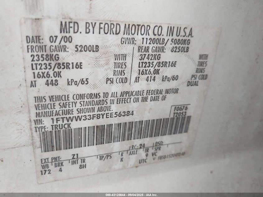 2000 Ford F-350 Lariat/Xl/Xlt VIN: 1FTWW33F8YEE56384 Lot: 43125644