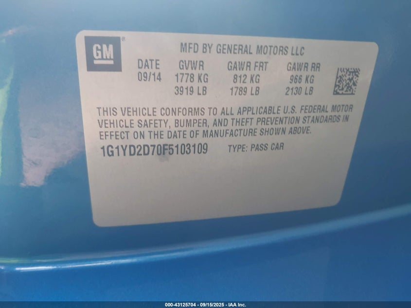 2015 Chevrolet Corvette Stingray VIN: 1G1YD2D70F5103109 Lot: 43125704