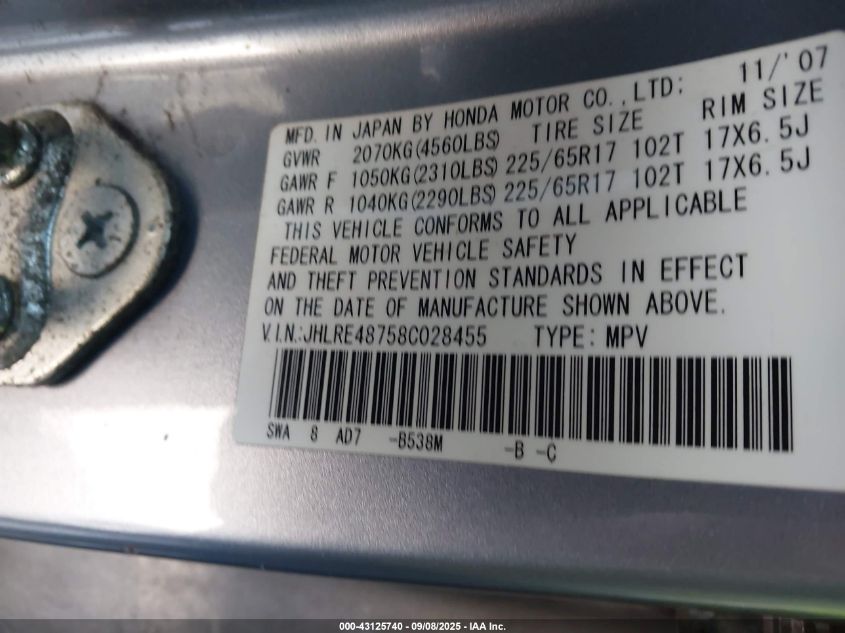 2008 Honda Cr-V Exl VIN: JHLRE48758C028455 Lot: 43125740