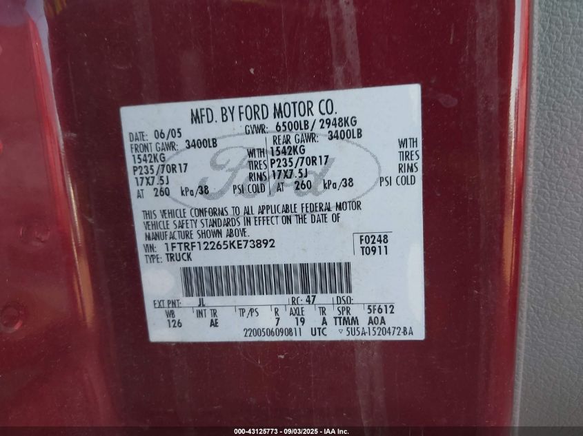 2005 Ford F-150 Stx/Xl/Xlt VIN: 1FTRF12265KE73892 Lot: 43125773