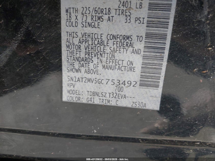 2016 NISSAN ROGUE S/SL/SV - 5N1AT2MV5GC753492