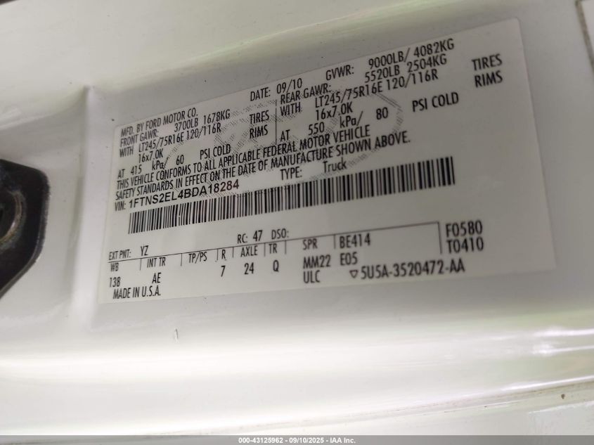 2011 Ford E-250 Commercial VIN: 1FTNS2EL4BDA18284 Lot: 43125962