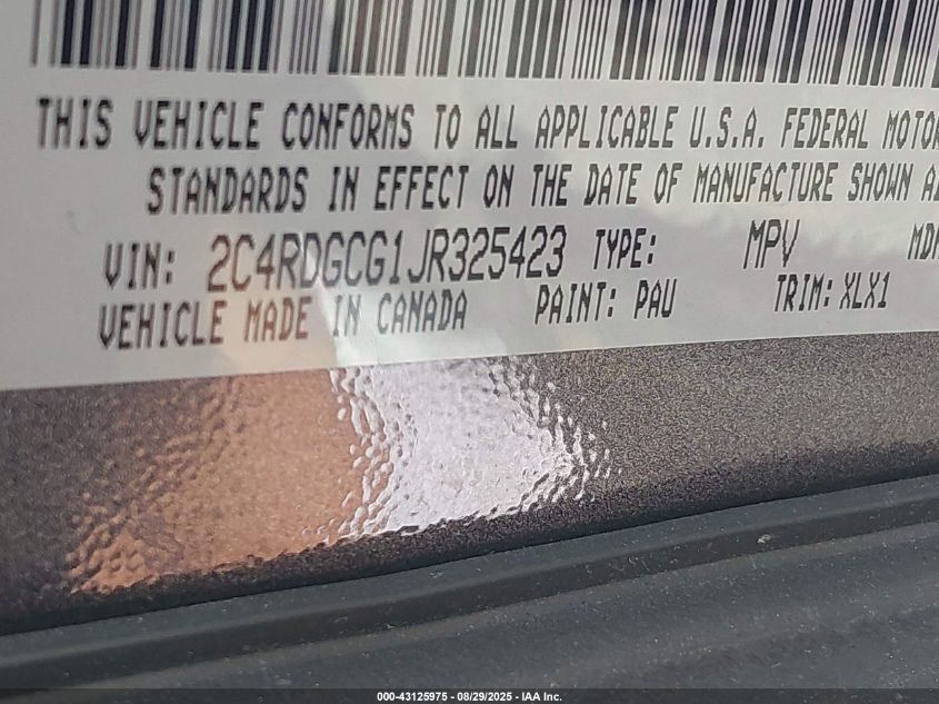 2018 Dodge Grand Caravan Sxt VIN: 2C4RDGCG1JR325423 Lot: 43125975