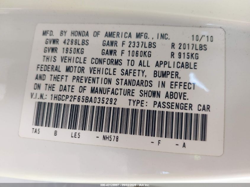 2011 Honda Accord 2.4 Se VIN: 1HGCP2F65BA035292 Lot: 43125997