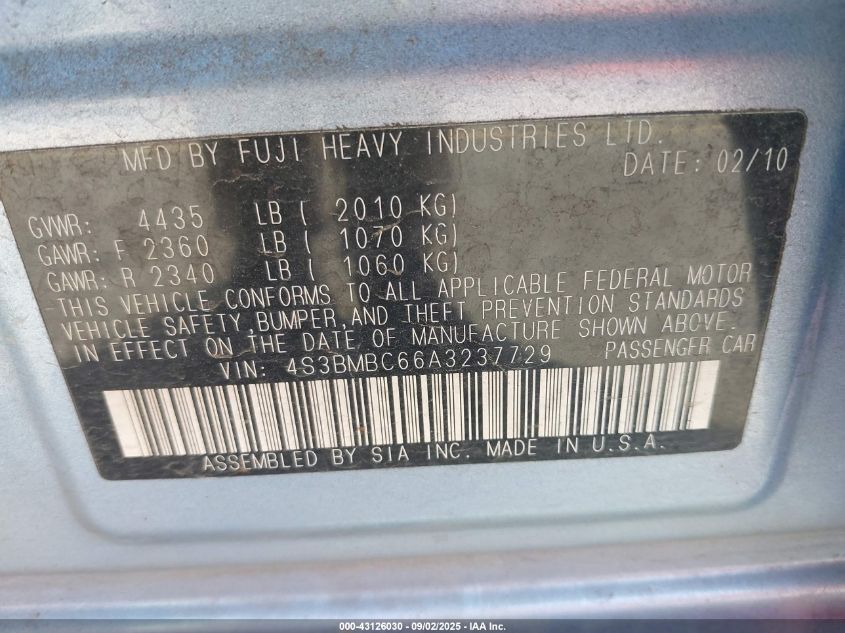 2010 Subaru Legacy 2.5I Premium VIN: 4S3BMBC66A3237729 Lot: 43126030