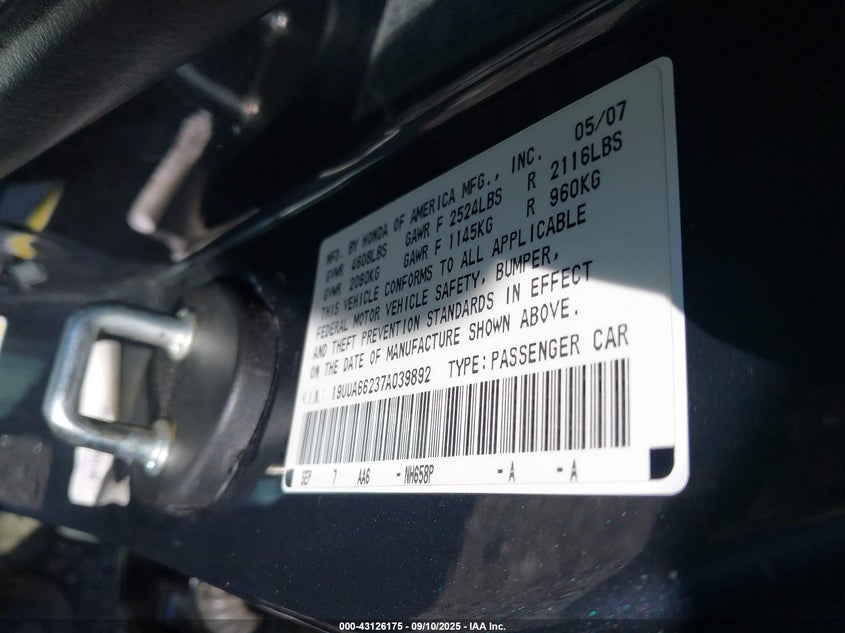 2007 Acura Tl 3.2 VIN: 19UUA66237A039892 Lot: 43126175
