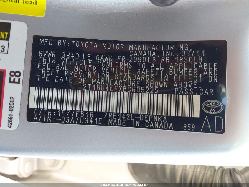 2011 Toyota Corolla Le VIN: 2T1BU4EEXBC605225 Lot: 43126256