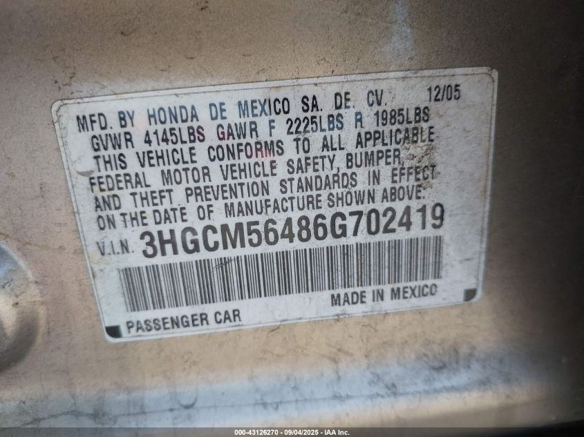 2006 Honda Accord Lx VIN: 3HGCM56486G702419 Lot: 43126270