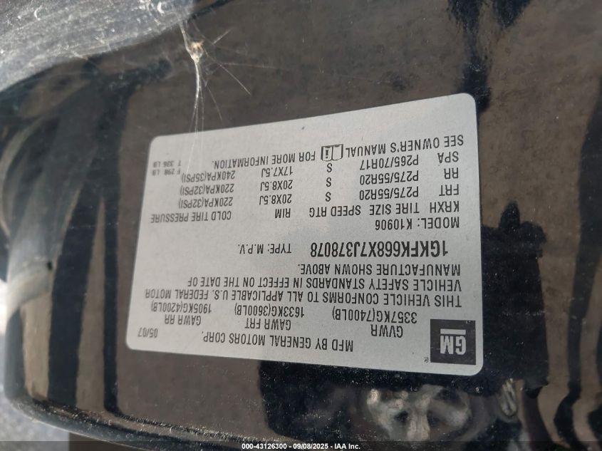 2007 GMC Yukon Xl 1500 Denali VIN: 1GKFK668X7J378078 Lot: 43126300