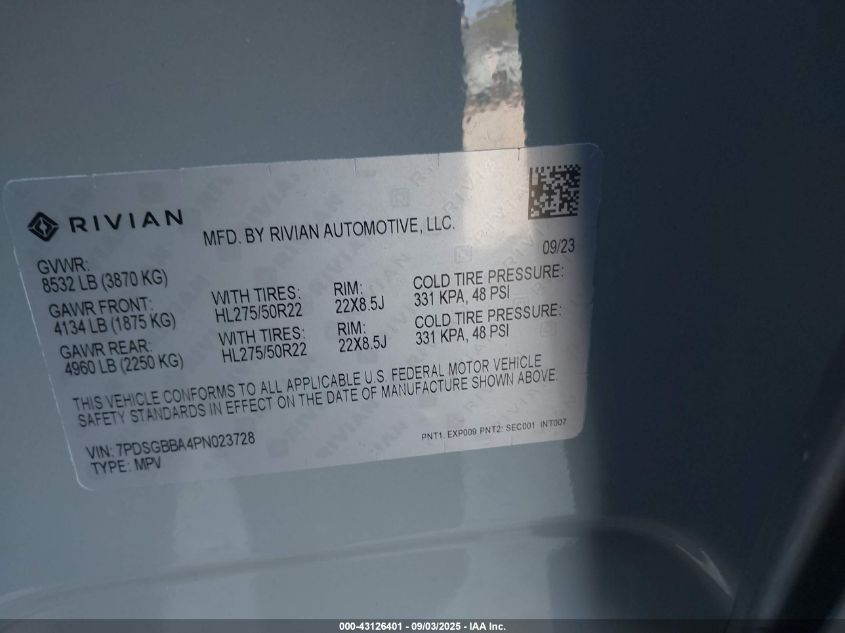 2023 Rivian R1S VIN: 7PDSGBBA4PN023728 Lot: 43126401