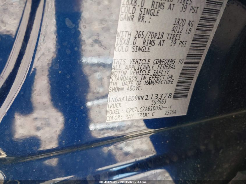 2024 Nissan Titan Sv 4X4 VIN: 1N6AA1ED9RN113378 Lot: 43126520