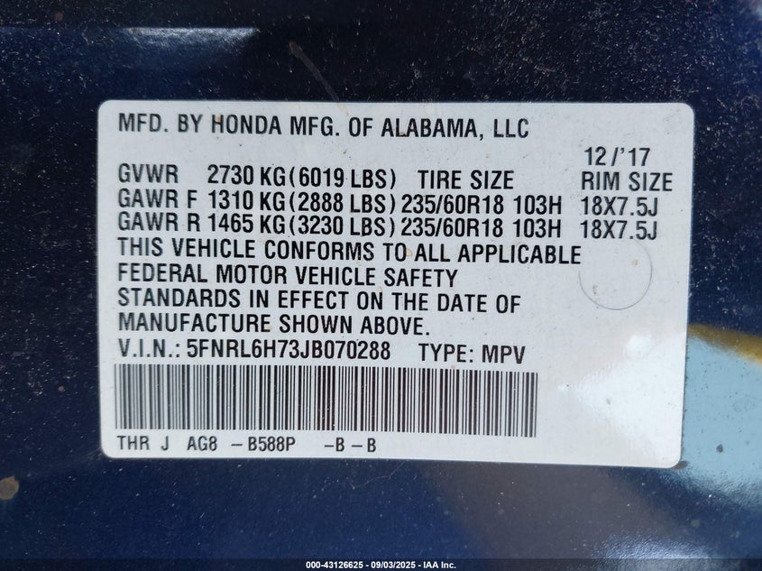 2018 Honda Odyssey Ex-L VIN: 5FNRL6H73JB070288 Lot: 43126625