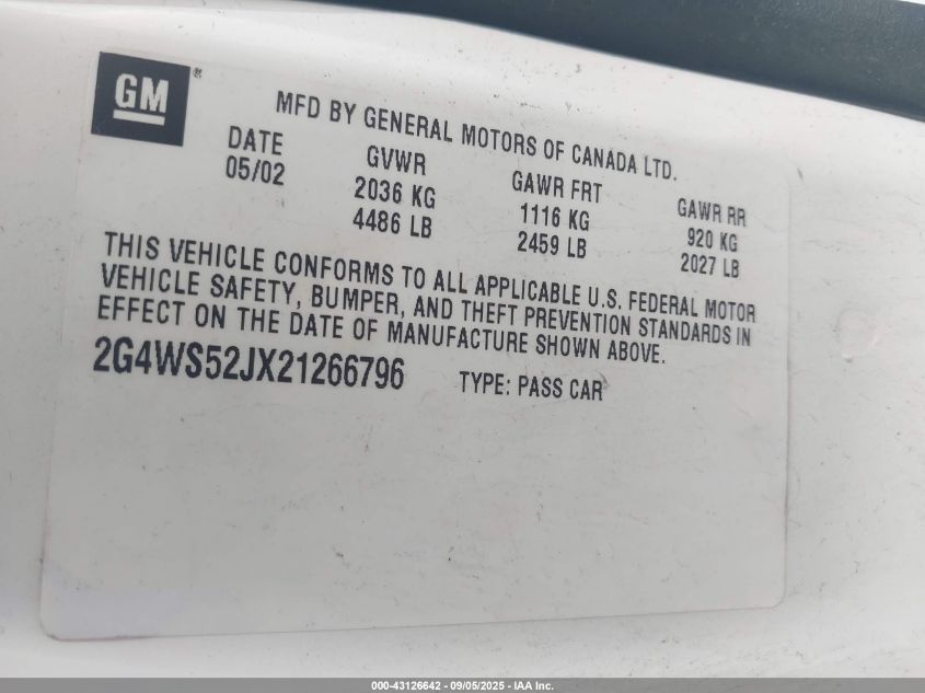 2002 Buick Century Custom VIN: 2G4WS52JX21266796 Lot: 43126642