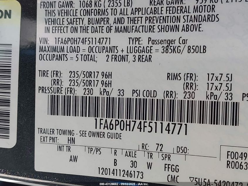 2015 Ford Fusion Se VIN: 1FA6P0H74F5114771 Lot: 43126682