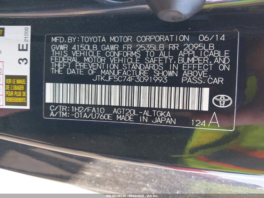 2015 Scion Tc VIN: JTKJF5C74F3091993 Lot: 43126729