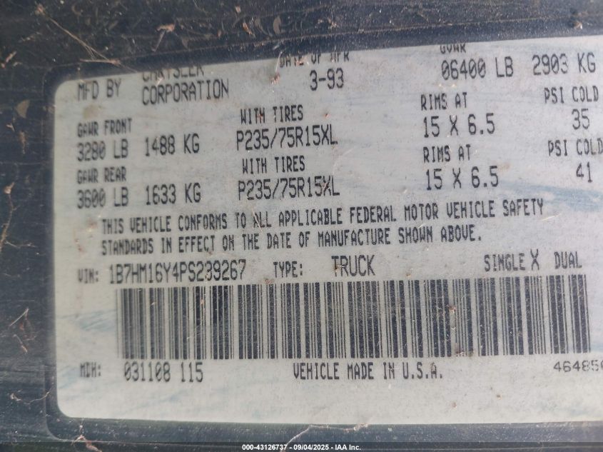 DODGE W-SERIES 1993 1B7HM16Y4PS239267 Photo 9