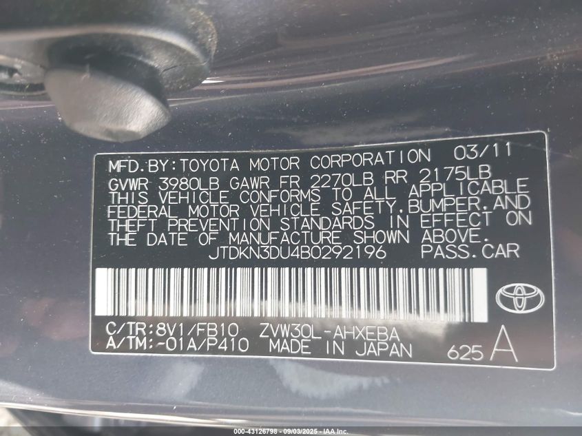 2011 Toyota Prius Three VIN: JTDKN3DU4B0292196 Lot: 43126798