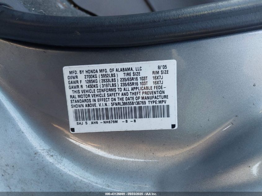 2005 Honda Odyssey Ex-L VIN: 5FNRL38655B136769 Lot: 43126869