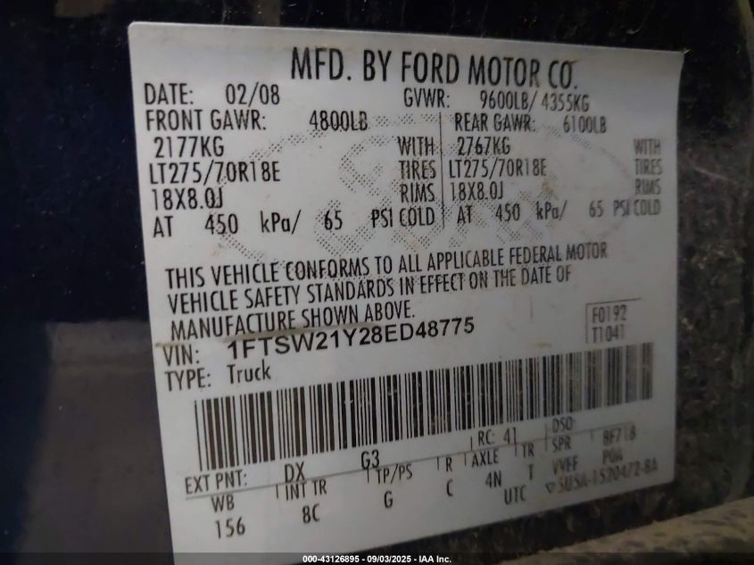 2008 Ford F-250 Lariat VIN: 1FTSW21Y28ED48775 Lot: 43126895