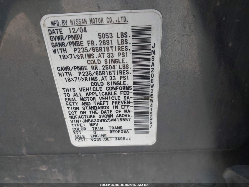 JN8AZ08W25W415557 2005 NISSAN MURANO photo no. 9