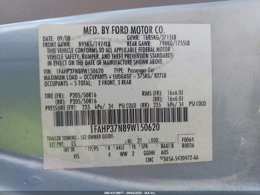 2009 Ford Focus Sel VIN: 1FAHP37N89W150620 Lot: 43126977