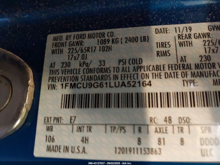 2020 Ford Escape Se VIN: 1FMCU9G61LUA52164 Lot: 43127037