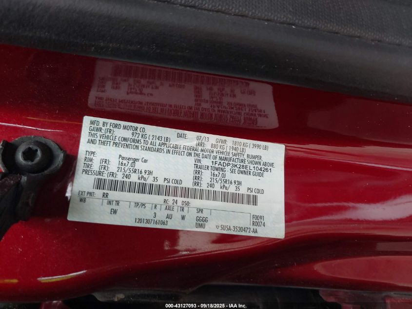 2014 Ford Focus Se VIN: 1FADP3K28EL104261 Lot: 43127093