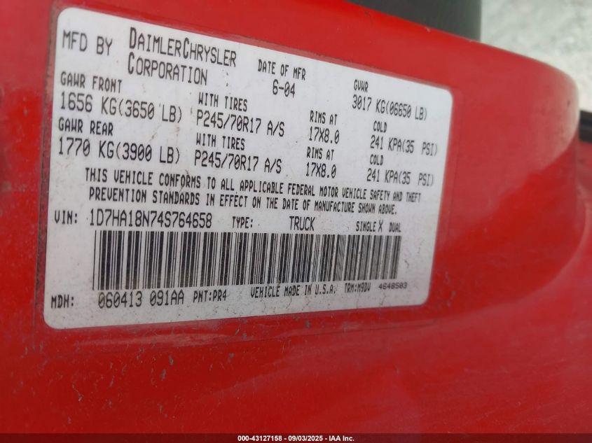 2004 Dodge Ram 1500 Slt/Laramie VIN: 1D7HA18N74S764658 Lot: 43127158