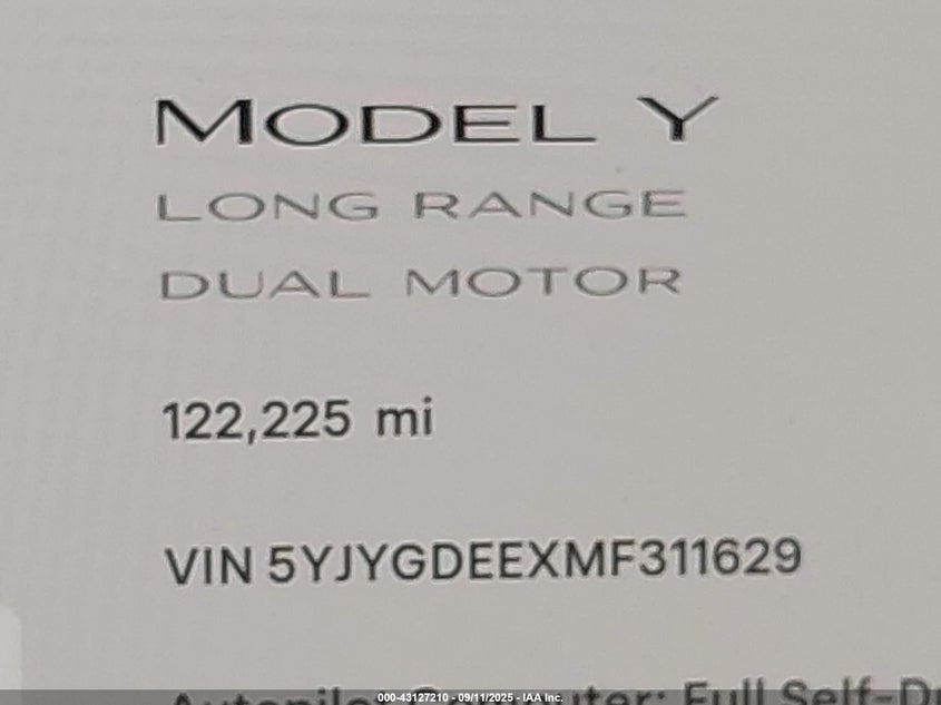 2021 Tesla Model Y Long Range Dual Motor All-Wheel Drive VIN: 5YJYGDEEXMF311629 Lot: 43127210