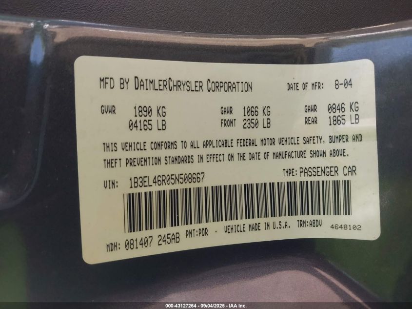 2005 Dodge Stratus Sxt VIN: 1B3EL46R05N508667 Lot: 43127264