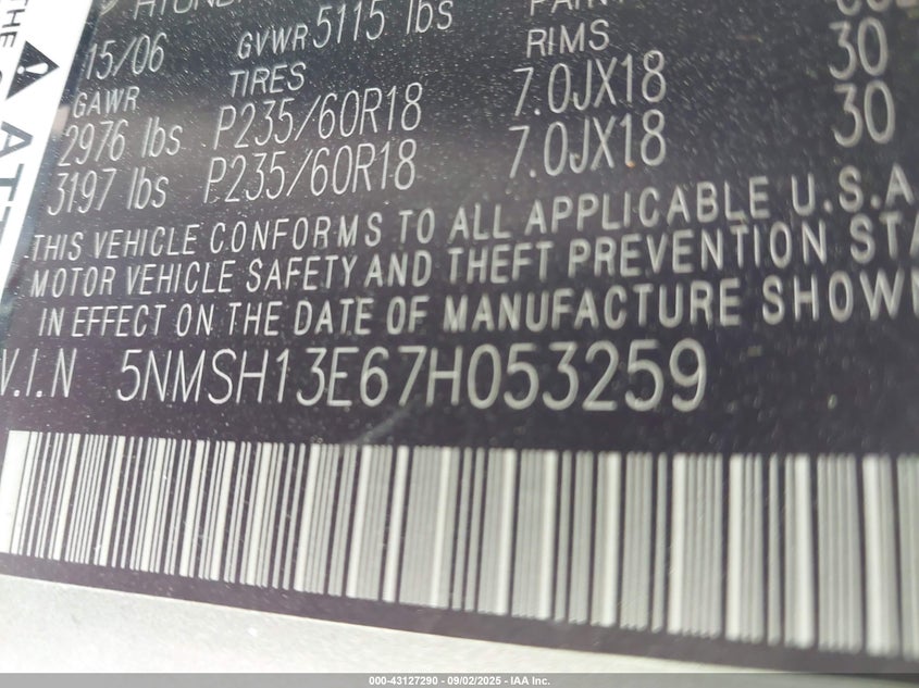 2007 Hyundai Santa Fe Limited/Se VIN: 5NMSH13E67H053259 Lot: 43127290