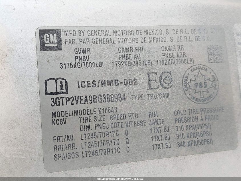 2011 GMC Sierra 1500 Sle VIN: 3GTP2VEA9BG388934 Lot: 43127376