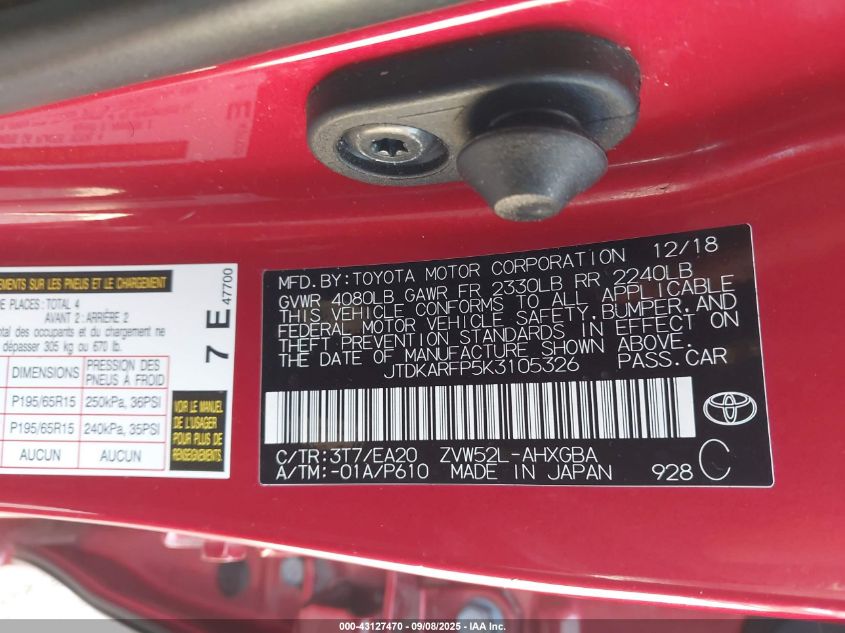 2019 Toyota Prius Prime Premium VIN: JTDKARFP5K3105326 Lot: 43127470