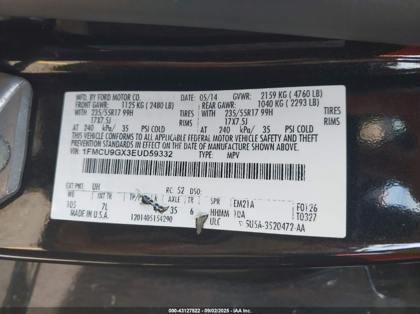 2014 Ford Escape Se VIN: 1FMCU9GX3EUD59332 Lot: 43127522