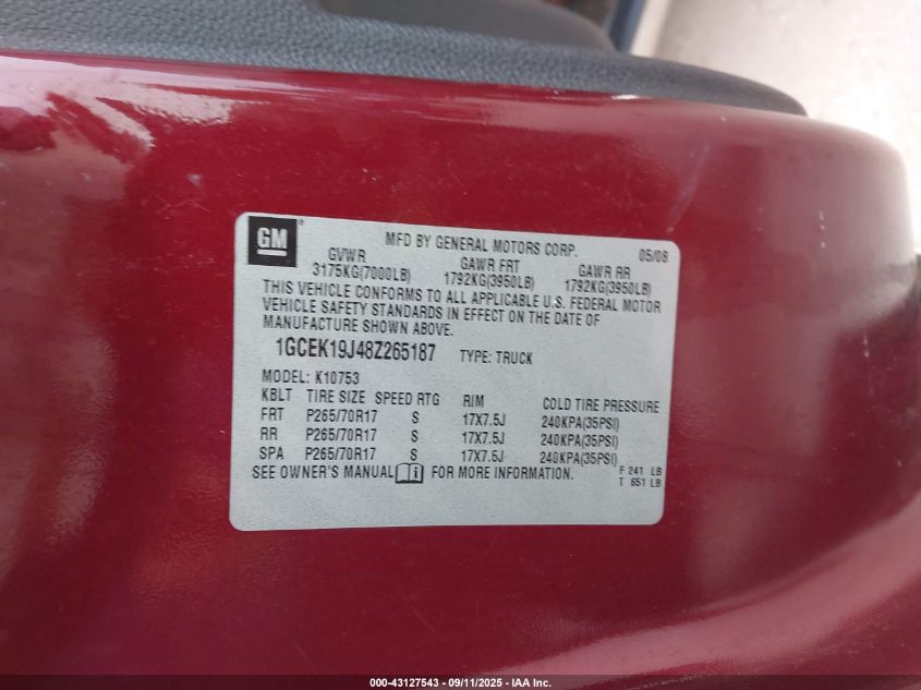 2008 Chevrolet Silverado 1500 Lt1 VIN: 1GCEK19J48Z265187 Lot: 43127543