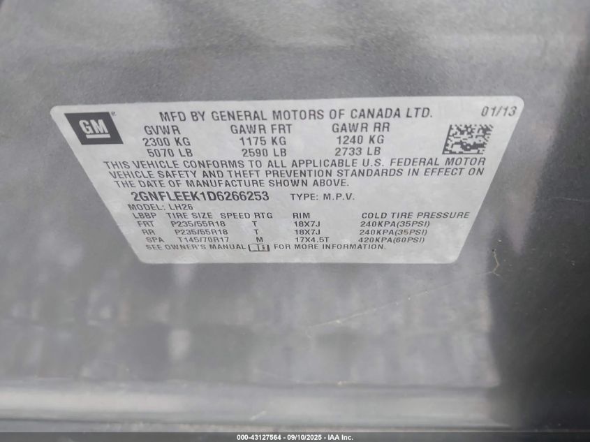 2013 Chevrolet Equinox 1Lt VIN: 2GNFLEEK1D6266253 Lot: 43127564