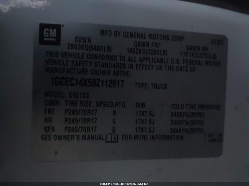 2008 Chevrolet Silverado 1500 Work Truck VIN: 1GCEC14X58Z112617 Lot: 43127565