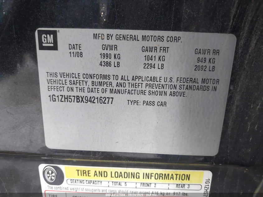 2009 Chevrolet Malibu Lt VIN: 1G1ZH57BX94216277 Lot: 43127594