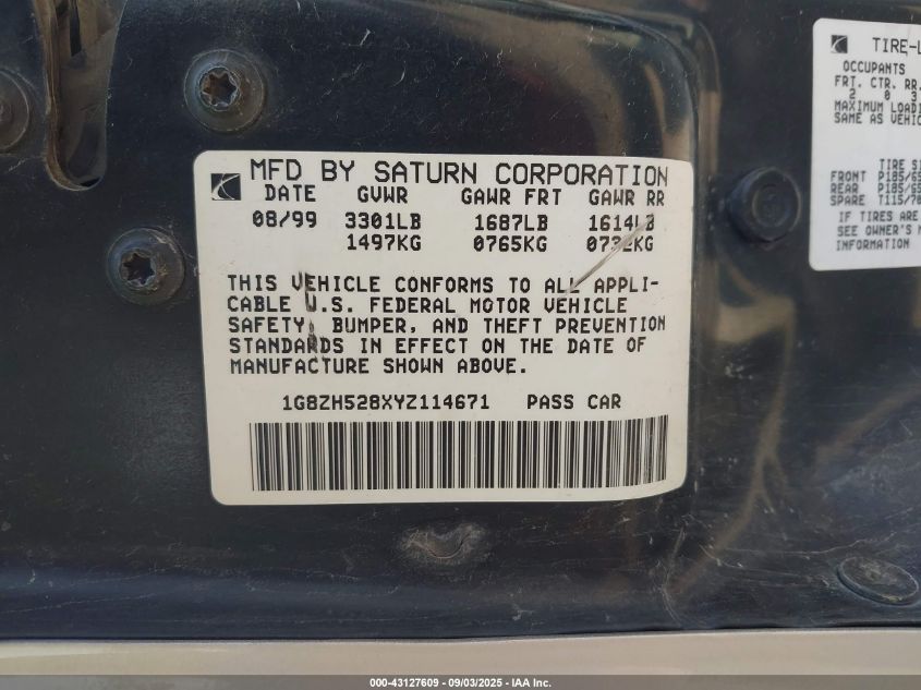 2000 Saturn Sl1 VIN: 1G8ZH528XYZ114671 Lot: 43127609