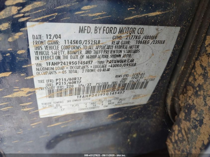 2005 Ford Five Hundred Sel VIN: 1FAHP24195G145457 Lot: 43127623