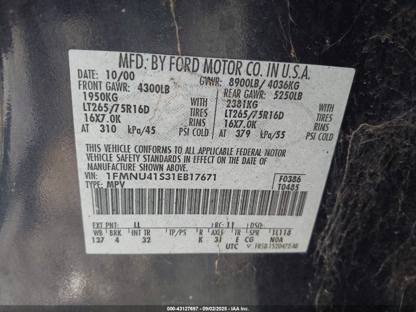2001 Ford Excursion Xlt VIN: 1FMNU41S31EB17671 Lot: 43127697