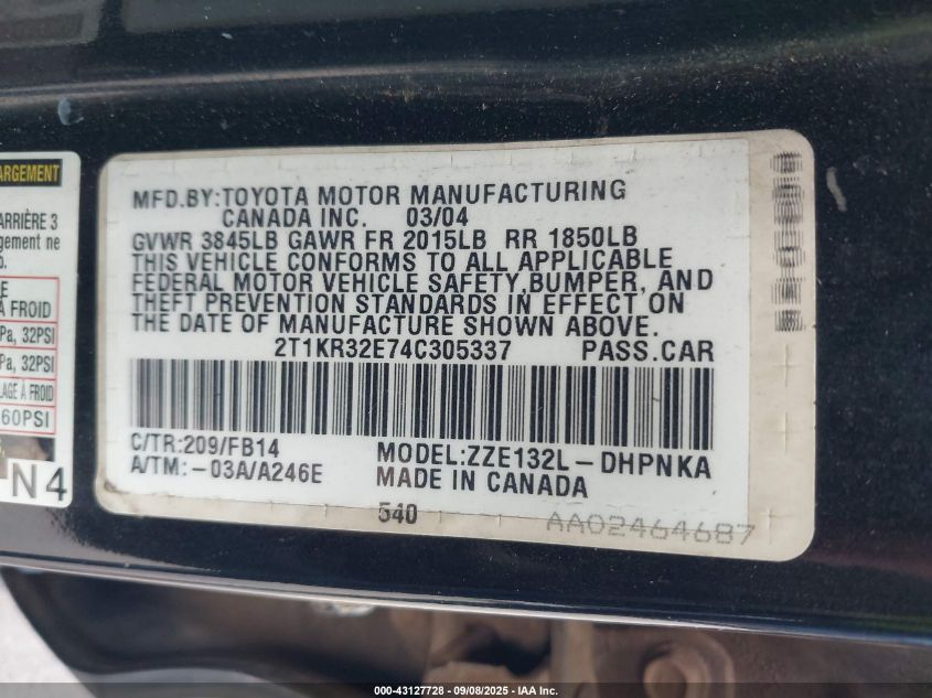 2004 Toyota Matrix Xr VIN: 2T1KR32E74C305337 Lot: 43127728