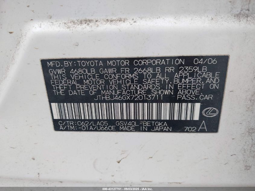 2007 Lexus Es 350 VIN: JTHBJ46GX72013711 Lot: 43127751