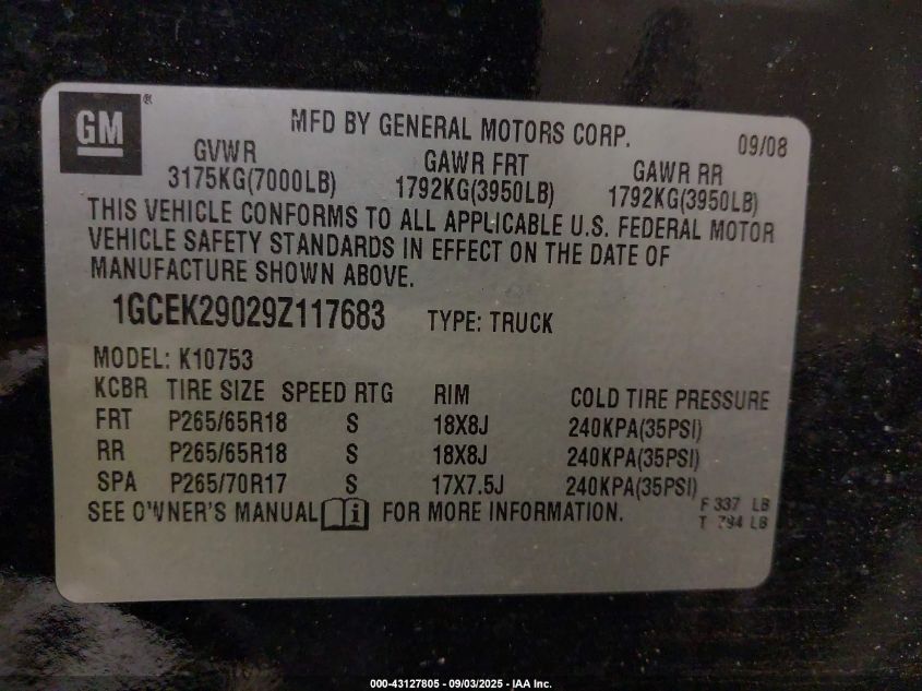 2009 Chevrolet Silverado 1500 Lt VIN: 1GCEK29029Z117683 Lot: 43127805