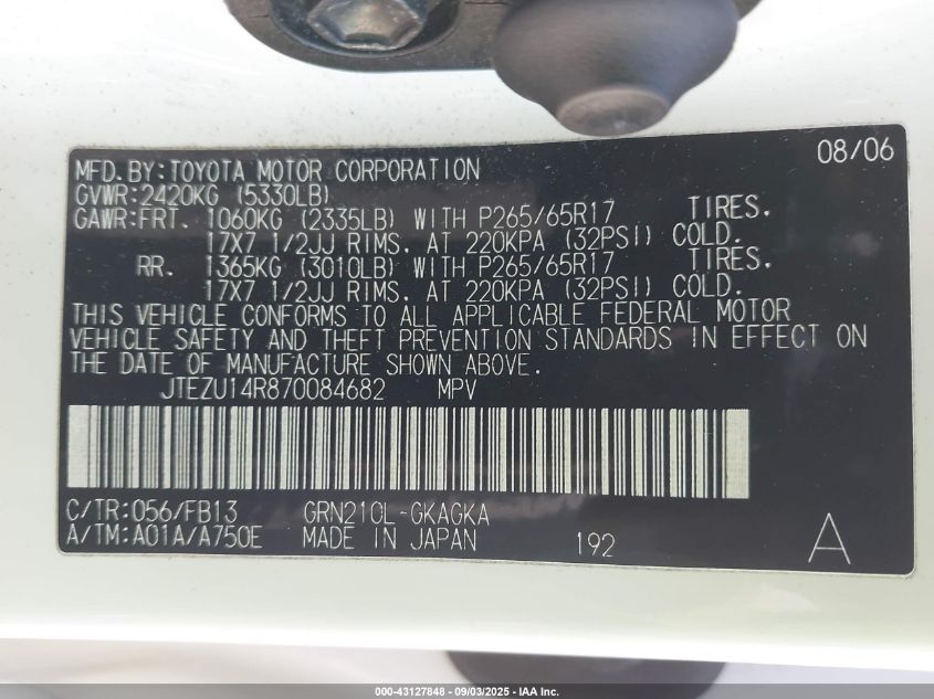 2007 Toyota 4Runner Sport V6/Sr5 V6 VIN: JTEZU14R870084682 Lot: 43127848