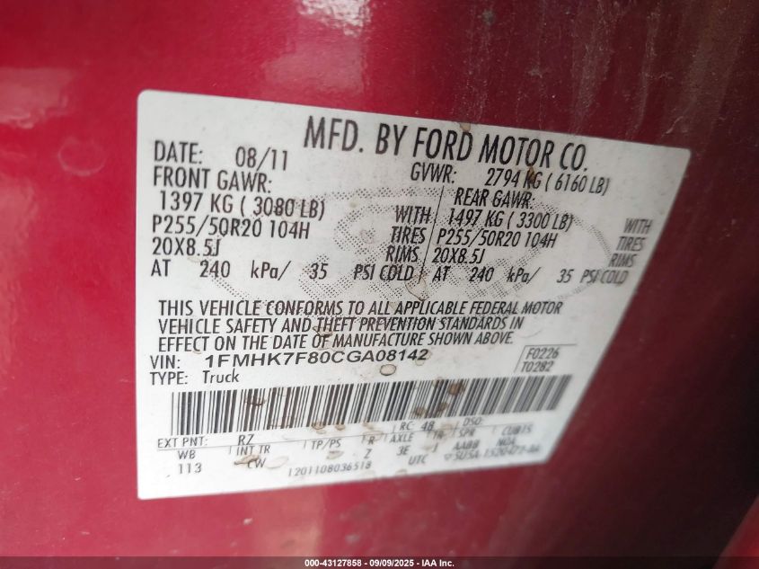 2012 Ford Explorer Limited VIN: 1FMHK7F80CGA08142 Lot: 43127858