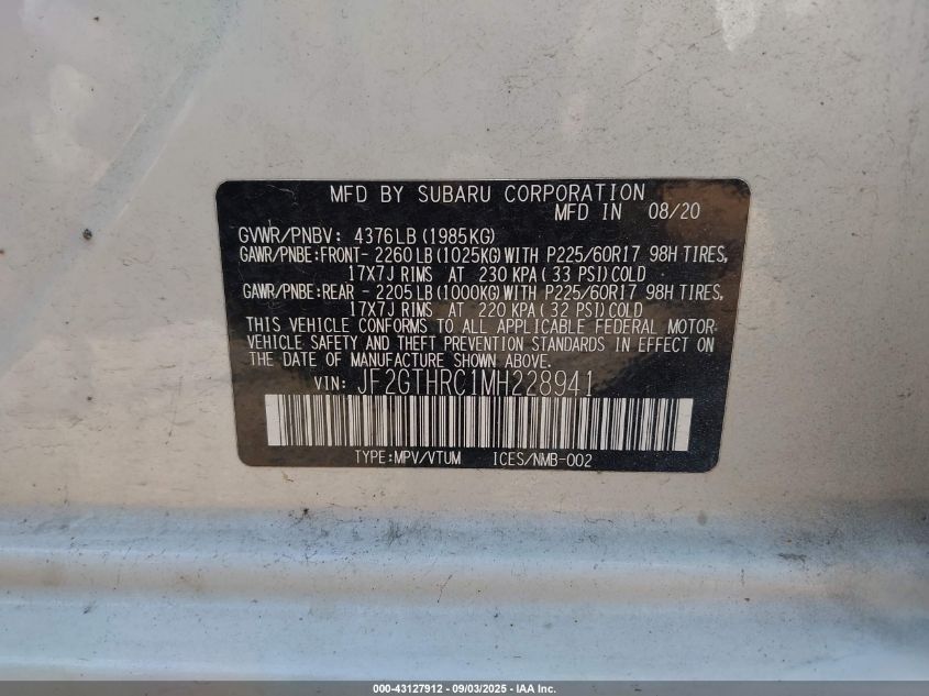 2021 Subaru Crosstrek Sport VIN: JF2GTHRC1MH228941 Lot: 43127912