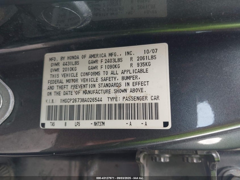 1HGCP26738A026544 2008 HONDA ACCORD photo no. 9