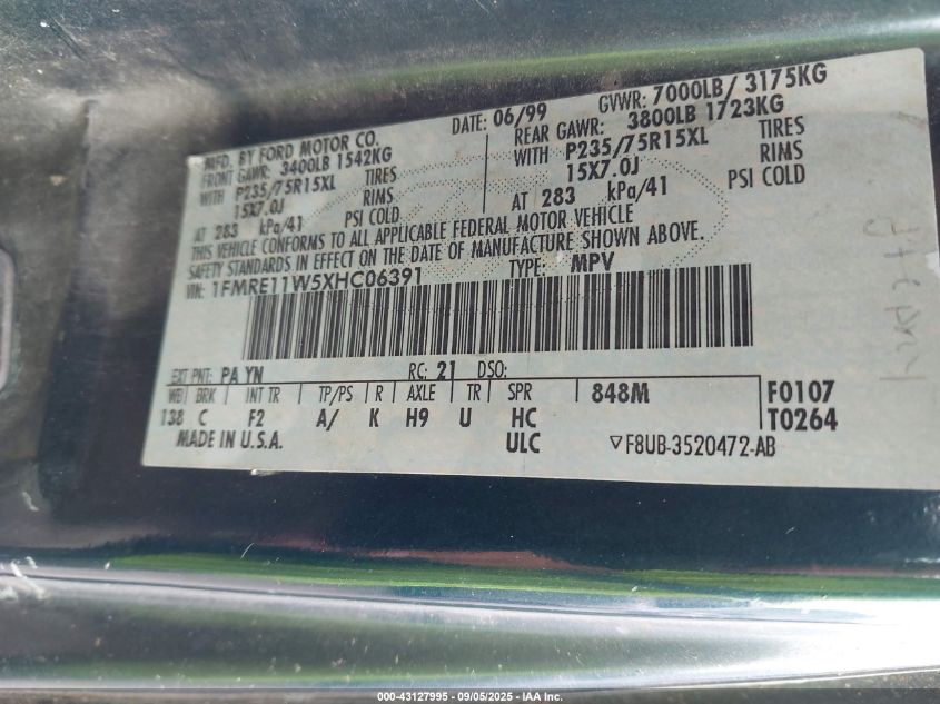 1999 Ford E-150 Xl/Xlt VIN: 1FMRE11W5XHC06391 Lot: 43127995