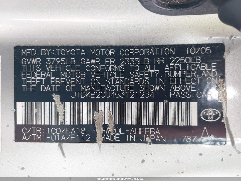 2005 Toyota Prius VIN: JTDKB20U453121234 Lot: 43128006